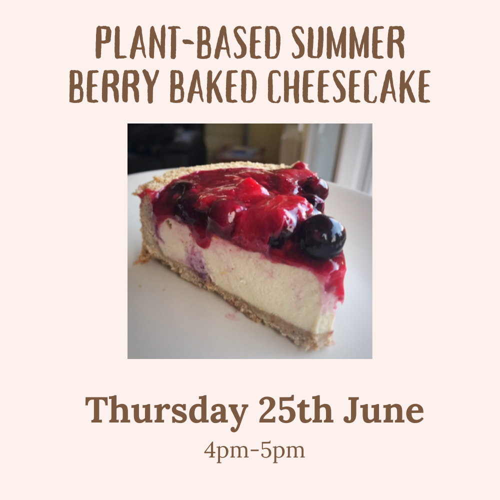 a slice of vegan cheesecake advertising a cooking class